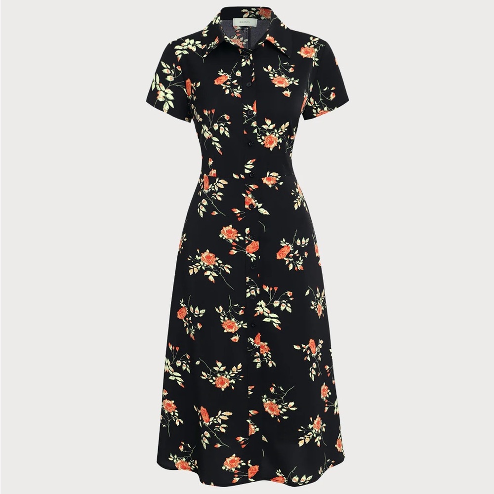 Rihoas Black Floral Button A-Line Midi Dress - Picture 5 of 8